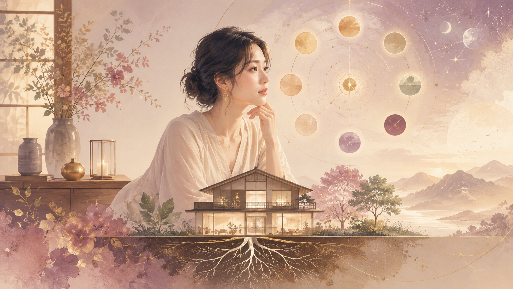 女性の内面と家の基礎、九星の巡りを重ねて表現した傾斜星のメインイラスト