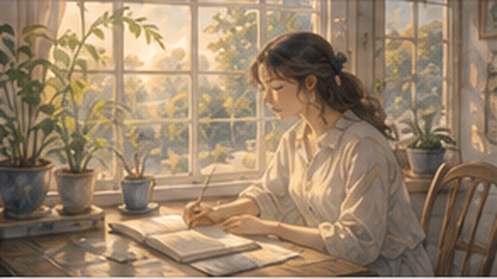 植物のある窓辺でノートに向かい、日常の中で関心を記録して育てる人物のイラスト