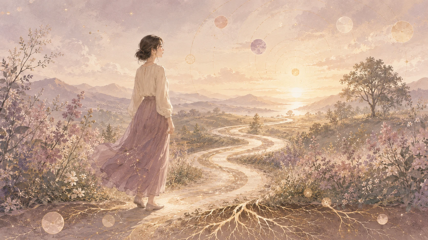 朝焼けの道を見つめる人物と、足元に伸びる金色の根で宿命星を表現したイラスト