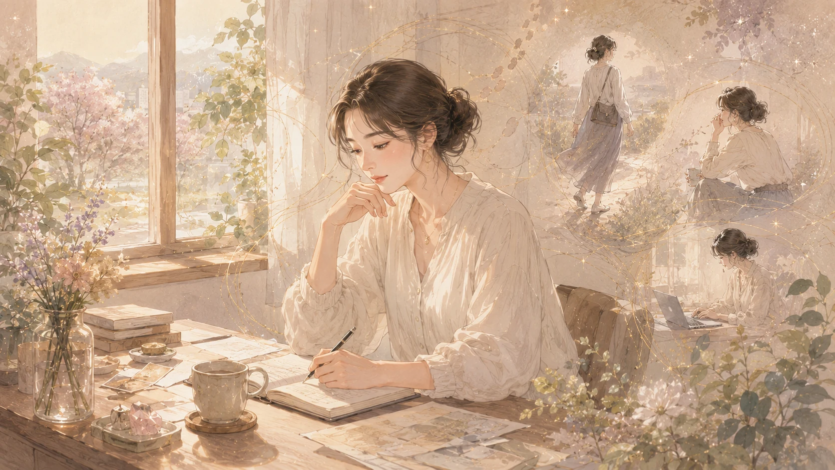 窓辺の机でノートを書く人物の周囲に、仕事や対話や振り返りの場面が重なる宿命星のイラスト